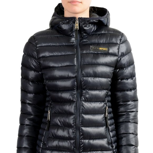 Plein Sport Women's Navy Hooded Logo Print Zip Up Parka Jacket S M L XL 2XL